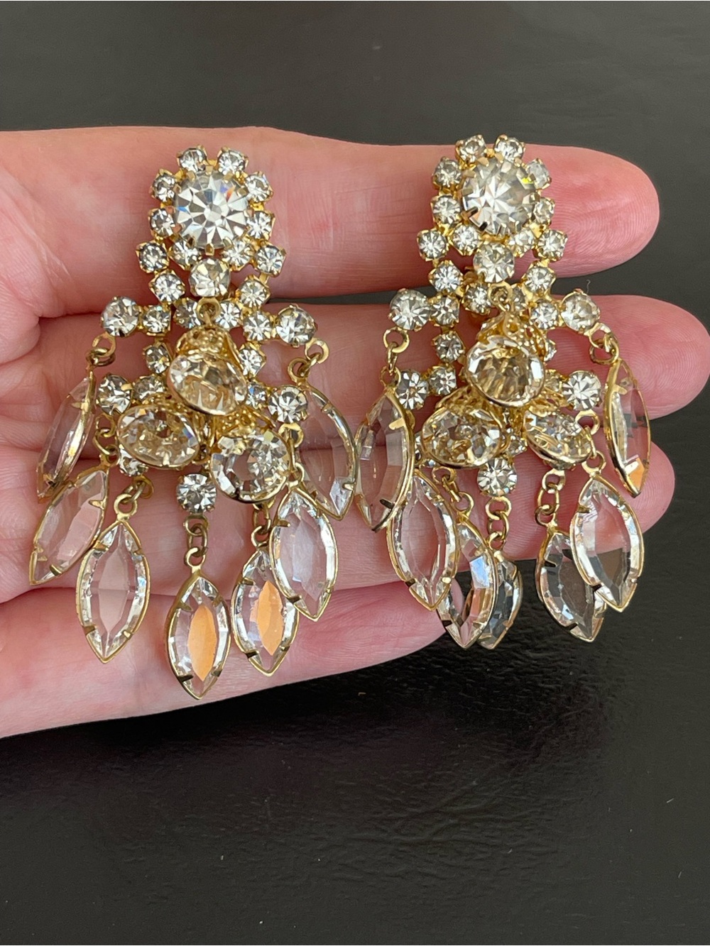 Vintage Juliana Gold tone rhinestone & crystal Chandelier Drop clip on Earrings